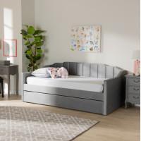 Baxton Studio CF9172-Silver Grey Velvet-Daybed-TT Baxton Studio Lennon Modern and Contemporary Grey Velvet Fabric Upholstered Twin Size Daybed with Trundle